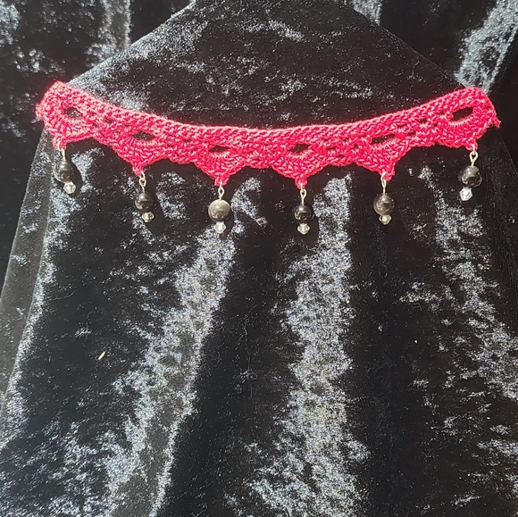 Red Crochet Choker with Beads - Picture 1 of 12